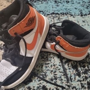 Nike Jordan, mid 1's, black, white, orange,  kids sneakers, unisex, 1y